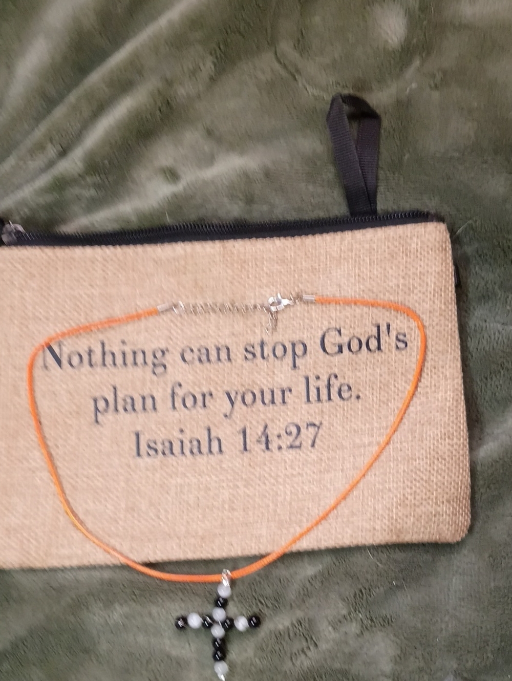 Inspirational Scripture Wristlet pouch With Orange Necklace With A Cross, Stone'